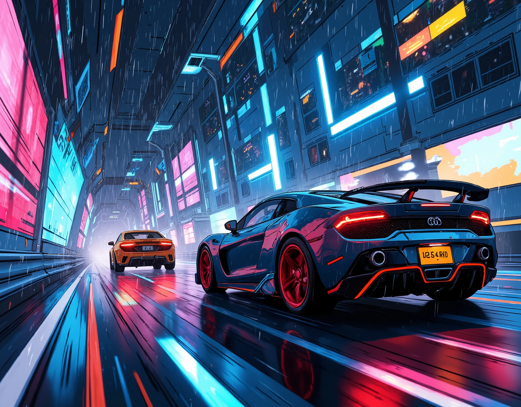 (masterpiece:1.2,top quality, ultra high definition ,very well detailed,best illustrations,Super Detail),8k,16k,wallpaper,(rainのnightのハイウェイレース),(ray tracing),(future:2.0),SF,Cyberpunk,(future的な車:2.0),(dynamic angle),(night),(rain),(lanes drawn with iridescent lights:2.0),(futureの高速道路:2.0),(rainbow color hologram tunnel:2.0),(motion blur),(dynamic angle:2.0),( Animated Artwork :2.0)