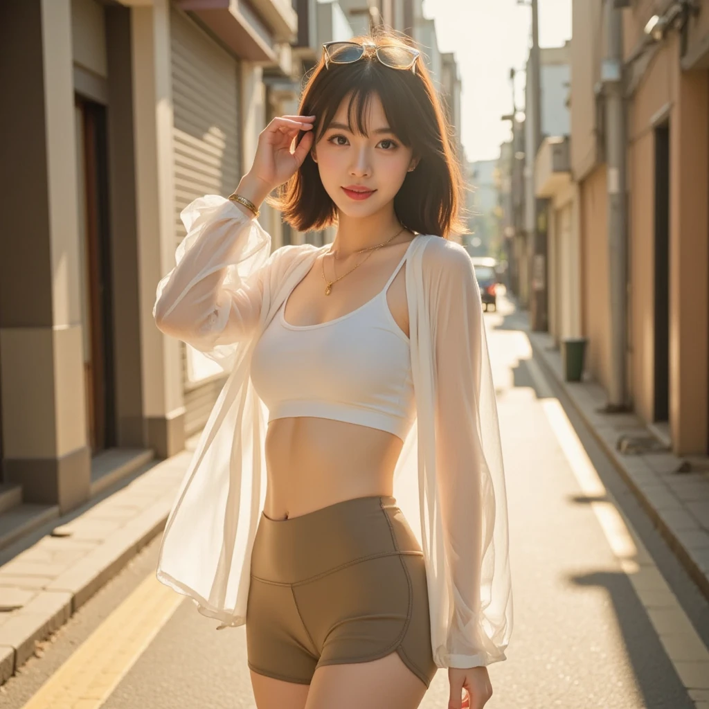 (A hyper-realistic)、Naked realistic college girl with pubic hair on the beach, young sensual woman, Gorgeous young Japan woman, Beautiful young Japan woman, A smile, Innocence, Young Asian Woman, Young Asian Girl, Beautiful young asian woman,  (Photorealsitic), Look at the viewer, Face Viewer, (intricate-detail:1.2),(​masterpiece, :1.3) ,(top-quality:1.4), (超A high resolution:1.2), 超A high resolution, (A detailed eye), (detailed facial features), nffsw, 8K resolution, (Lens Flare: 0.7), turned around,　Exposed thighs!!!,bangss、With upward tension、eye glasses、Happy smiling face、Beautiful teeth alignment、(((nearly naked)))、(((fullnude)))、(((Jogging)))、Full body like、short-hair