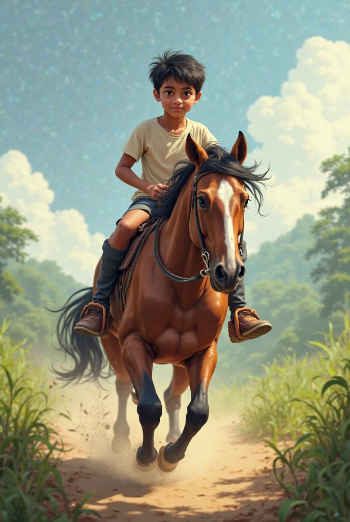 , deep colors palette , simetryc composition,  ultradetailed art style, oil painting, fullbody, perfect compositicion,  perfect anatomy, wearing small litle shorts, dramatic, natural lighting, a young gorgeous, handsome, tall, perfect feet, latino ,  detailed realistic muscles, simetryc body,  he is  ridding  a black horse and holding a sword , carring  a multicolor back bag,   in a downtown  and jungle mix scenario