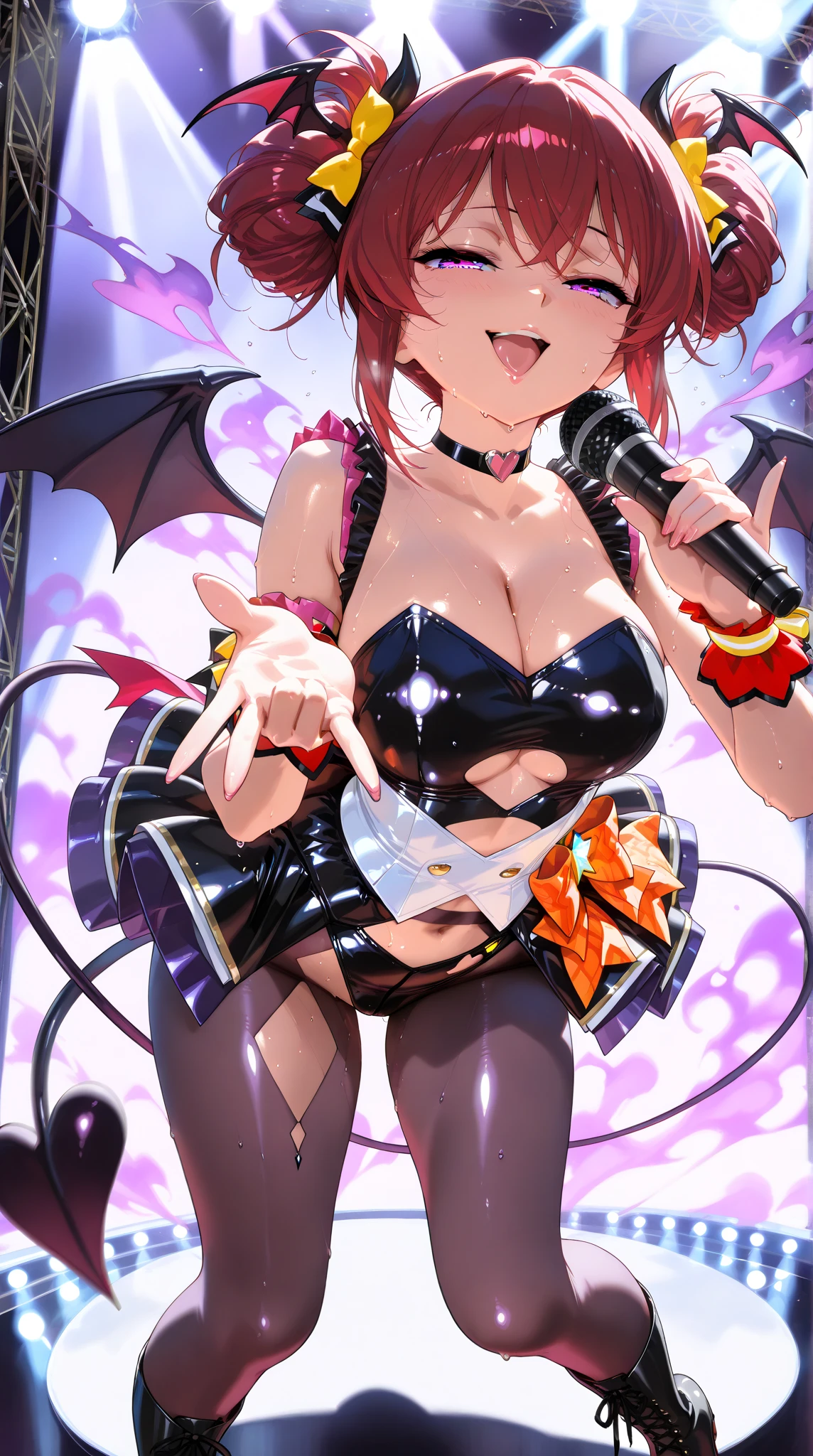 2,A beautiful woman,Beautiful breasts,Moe,Succubus,bat wings on the back,,Dragon horns on the side of the head,Idol singer,Concert Venues,Stand microphone