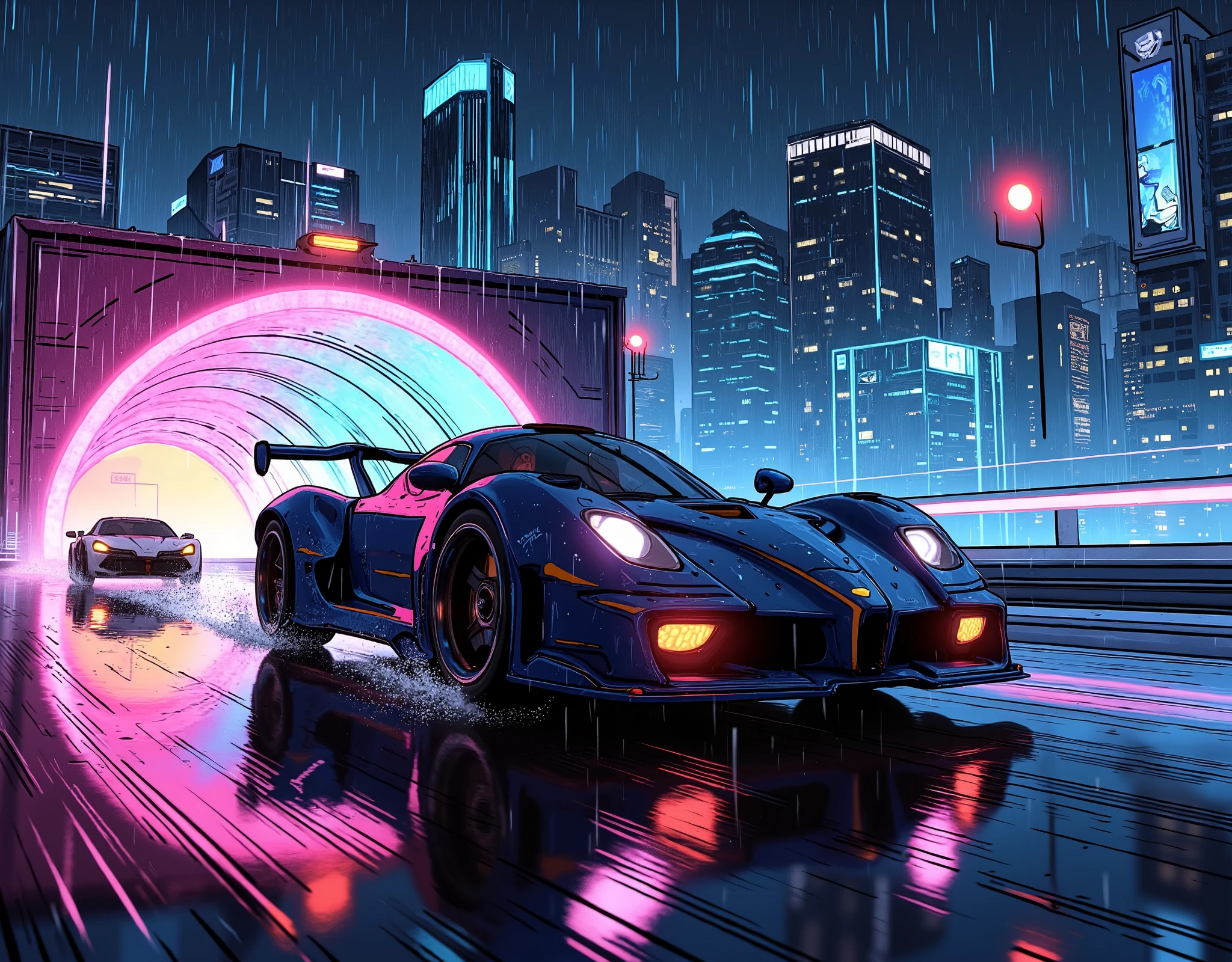 (masterpiece:1.2,top quality, ultra high definition ,very well detailed,best illustrations,Super Detail),8k,16k,wallpaper,(rainのnightのハイウェイレース),(ray tracing),(future:2.0),SF,Cyberpunk,(future的な車:2.0),(dynamic angle),(night),(rain),(lanes drawn with iridescent lights:2.0),(futureの高速道路:2.0),(rainbow color hologram tunnel:2.0),(motion blur),(dynamic angle:2.0),( Animated Artwork :2.0)