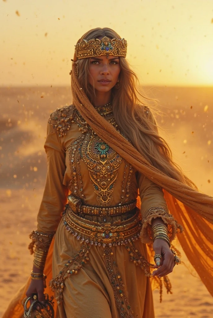 Create a highly detailed and realistic image of an 18-year-old Japanese girl as a desert nomad queen. She should be 180 cm tall, weigh 45 kg, and have a smooth, light complexion. Her straight, long blonde hair is pulled into a sleek, high bun with a desert-themed headpiece crowning her head. Her graceful, diamond-shaped face has high cheekbones, a small, delicate nose, and full, well-defined lips. Her large, expressive brown eyes feature detailed irises and long eyelashes. Her physique is athletic yet feminine, with big-sized, round breasts. She is dressed in a long, flowing robe with intricate patterns and a deep hood, the fabric catching the light in the desert sun. The desert should be depicted with intricate details—fine grains of sand, distant dunes, and a vivid horizon under a clear sky. The image should be ultra-high definition (4k, 8k) with soft, natural lighting to highlight her skin texture, hair shine, facial details, and the desert's texture.