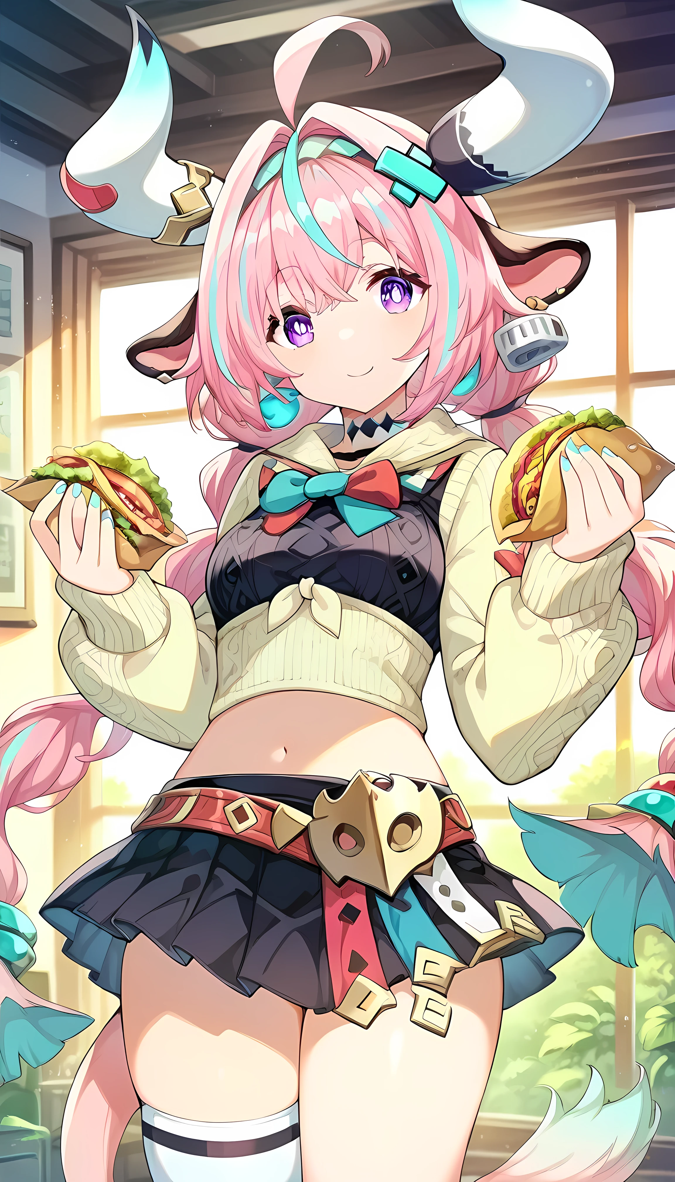 Walesa , 1 girl, solo, long hair,  Bust, sight, smile, Big Breasts, Skirt, thigh high socks, belly button, animal ears,  Bust, Protruding shoulders, Standing, purple eyes, tail, pink hair, Colored Hair, thighs,  earrings, プリーツSkirt, Small chest, horn, choker, indoor, 黒Skirt, ミニSkirt, headband, two-tone, tails on both sides, 黒choker,
,
Tacos を持っている, Tacos , uneaten food, Food waste
