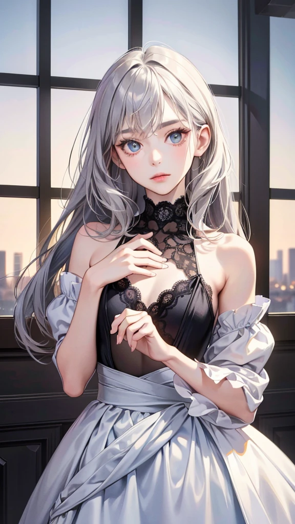 (8K, original photo, best quality, master:1.2), (actual, photo-actual:1.37), Super detailed, 1 girl, Lovely, alone, Beautiful and detailed sky, Detailed face, night, sitting, appointment, (blush), (Smile: 1.1), (Residence), Large Breasts, Beautiful and delicate eyes, Untie the vanadium, (Collared shirt: 1.1), bow tie, Pleated Skirt, (short hair: 1.2), flowing hair, Long eyelashes, Eyeshadow, Small face, big eyes, full-body shot, Bare shoulders, indoor, floor