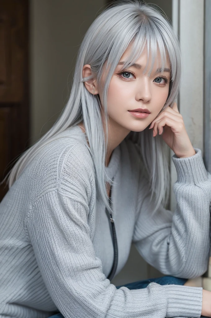 Realistic, masterpiece, Highest quality, Highest Resolution, Anatomically correct, Accurate Anatomy, (Gray blank background:1.3), (1girl:1.3), 20-year-old, Height: 165cm, Shot from thigh up, (Thick thighs:1.2), (Long Hair, Straight Hair, Silver Hair:1.3), (Squint your eyes, Sharp Eyes, (Iris:1.2)), (Hidden eyelid wrinkles:1.2), Thin eyebrows, Draw eyelashes carefully, Natural Makeup, Chin up, Grin, Slightly to the side, (White hoodie and denim hot pants:1.3), (バーカーのフードはかぶらない:1.3), (アントチェアに座って足を組んで:1.3)