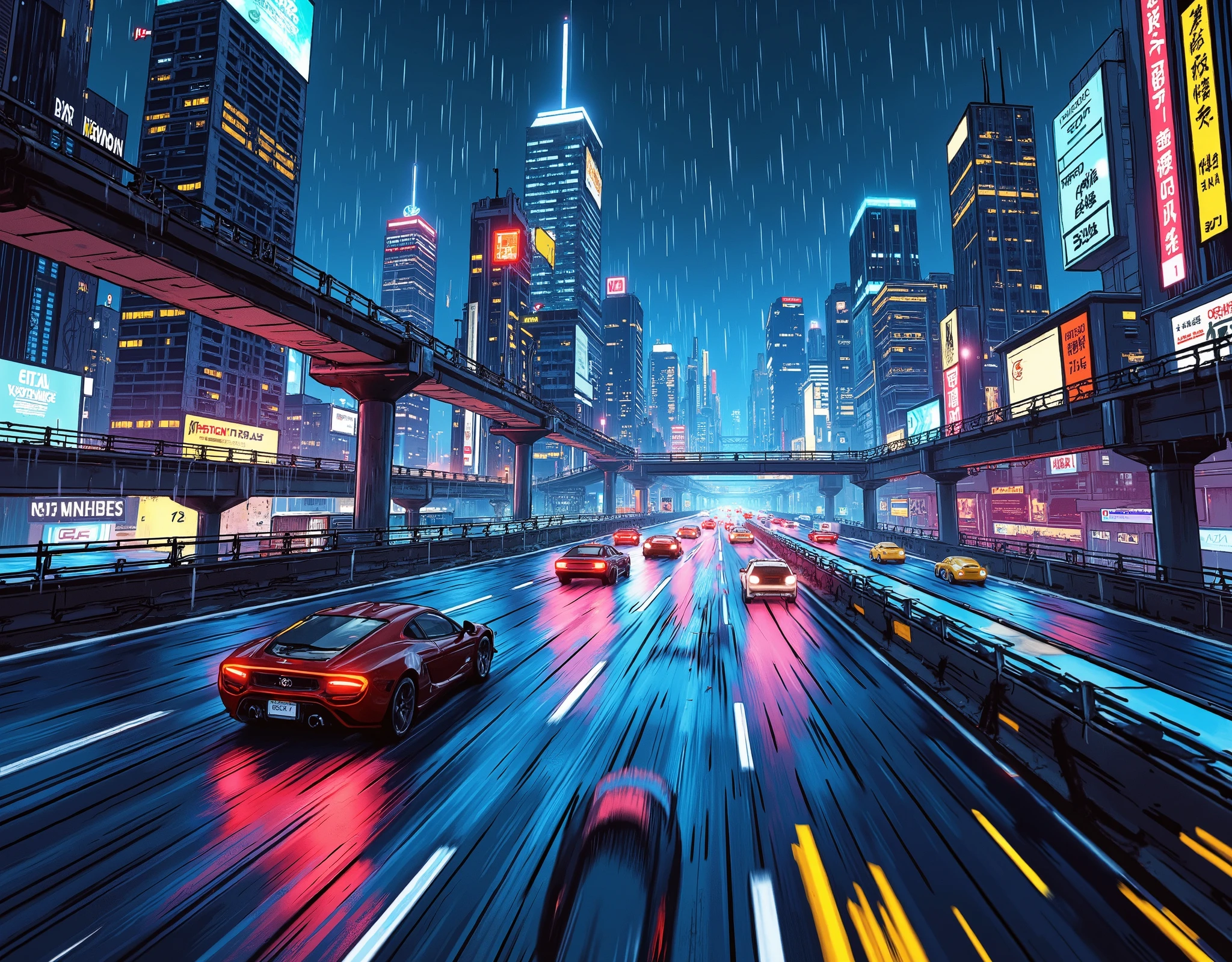 (masterpiece:1.2,top quality, ultra high definition ,very well detailed,best illustrations,Super Detail),8k,16k,wallpaper,(rainのnightのハイウェイレース),(ray tracing),(future:2.0),SF,Cyberpunk,(future的な車:2.0),(dynamic angle),(night),(rain),(lanes drawn with iridescent lights:2.0),(futureの高速道路:2.0),(rainbow color hologram tunnel:2.0),(motion blur),(dynamic angle:2.0),( Animated Artwork :2.0),(fisheye lens)