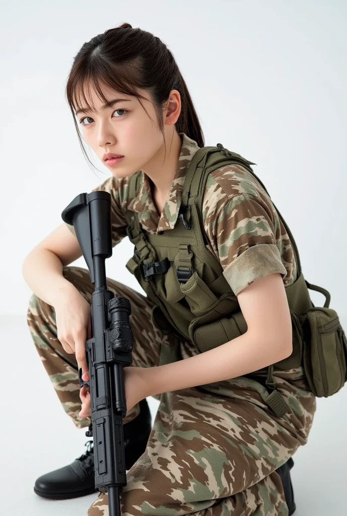 Japanese erotic female prisoner mercenary、Camouflage、gun、Thighs、Dirt on face、Tank top、panties