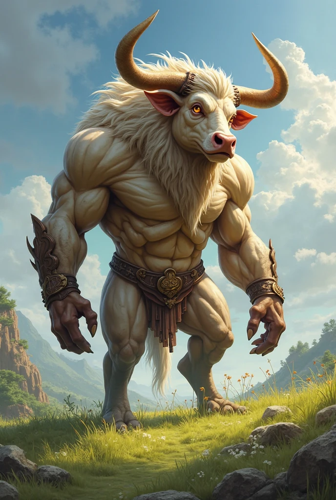 ultra-detailed, masterpiece, masterwork, high quality, best quality, hdr, (nature), posted on e621, (by darkgem), nsfw, male, solo, chibi, ((nude, micropenis, foreskin, perfect balls)), (white body minotaur), hairy dragon, (white body), (long golden hair, yellow eyes), sitting, from below, dynamic angle