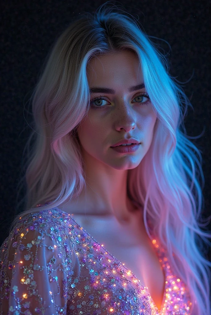 Beautiful girl in full growth, with white skin, light gray hair, Professional full-length photo, realistic, against the backdrop of a crowd at a party, dark atmosphere, Light music