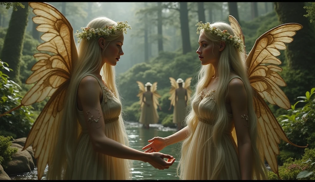 "A full-body shot of a realistic fairytale scene in a magical palace in a beautiful magical forrest, bathed in sunlighting."Beautiful pastel colour pallette." "A fairy queen 1 with realistic striking big blue eyes with eye makeup and a serious, direct gaze at the camera with golden extra long hair." " A Fairy queen 2 with golden-brown long curly hair in a thin light blue dress is standing by clapping her hands, looking at fairy queen1 with staring thorough detaled blue bright eyes and (shocked look with open mouth), perfect shaped pearly white teeth and pursed lips". "Singing fairy princess with a long white hair in a sheer golden wet transparent dress outfit, big breasts, thin waist, big butt, looks provocative with her mouth almost sedusive at fairy queen 2 laughing." Fairy queen 4"doing hand stand with both hands on floor, wearing a thin blue/green dress" "Her gold delicade fairy-crown, is hanging by the ends of her hair""The lighting is natural and bright, highlighting their features and casting a soft glow around their hair, creating a high-contrast effect that emphasizes the subject's presence. " "Elf king is sitting on a royal chair in a elfie chlothes." "A white rapid sits in on a decorative dining table1:1" "while a rainbow colored bird perches on the top of the thin royal thrown". The scene includes a messy fairy queens in a beautiful and magical forrest palace. "The vast environment paints a magical but weird admosphere". # Configuration settings clip_guidance_scale = 20 # High adherence to the detailed prompt, emphasizing facial features hr_scale = 2.0 # High resolution to capture intricate details in the hair and face. hr scale =2.0 # Perfect human female body. Best hands 1:1, super realistic hair 1:1, hyper realistic eyes 1:1, extra detailed delicate moist skin, most detaled and realistic face 1:1. #A realistic stage with thorough details and clear focus on the queens.