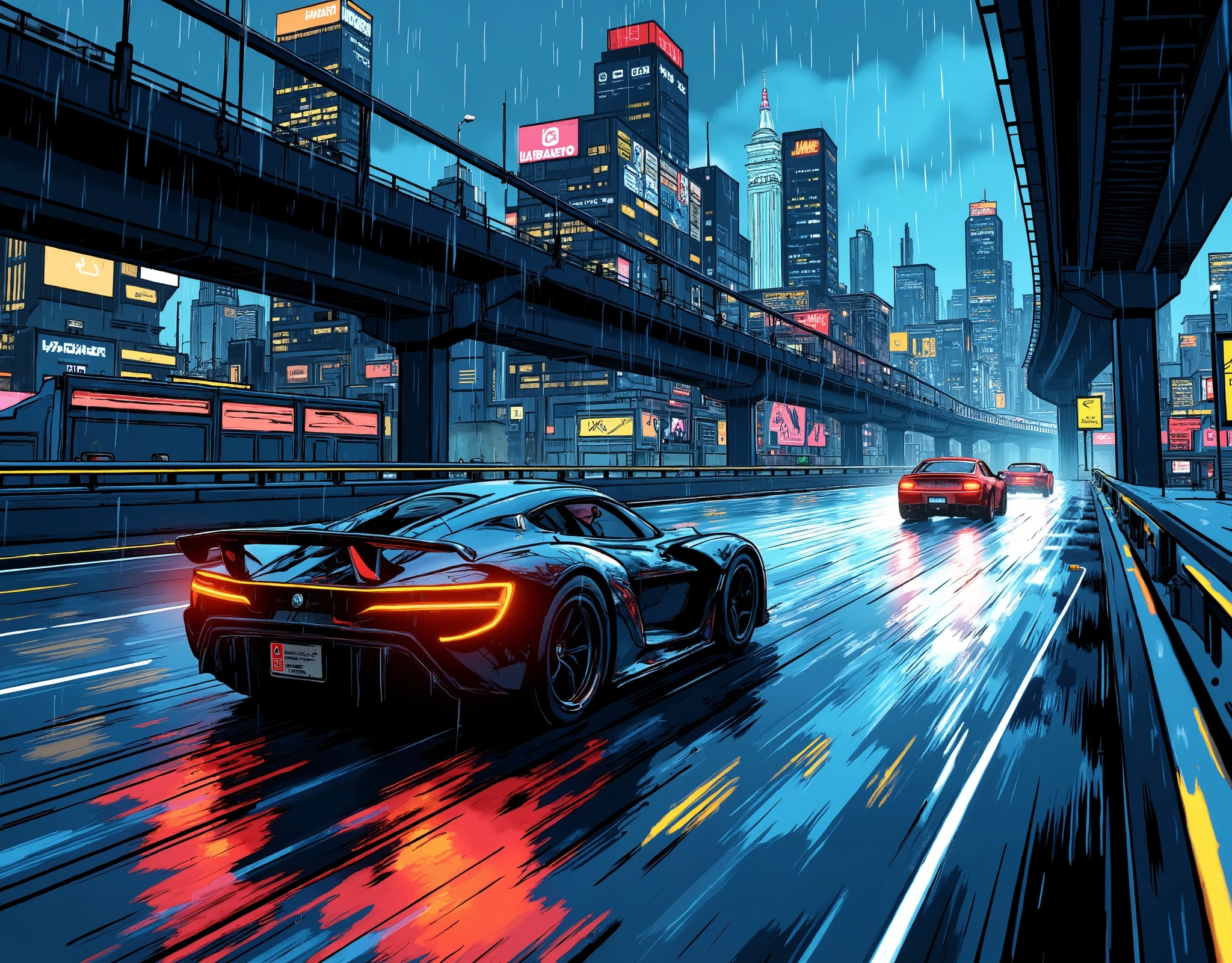(masterpiece:1.2,top quality, ultra high definition ,very well detailed,best illustrations,Super Detail),8k,16k,wallpaper,(rainのnightのハイウェイレース),(ray tracing),(future:2.0),SF,Cyberpunk,(future的な車:2.0),(dynamic angle),(night),(rain),(lanes drawn with iridescent lights:2.0),(futureの高速道路:2.0),(motion blur),(dynamic angle:2.0),( Animated Artwork :2.0)