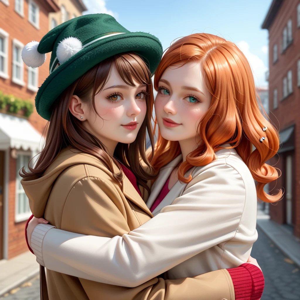 a blond、brown-eyed、Red beret、Green sweater、Holding apples、With bangs、teens girl、Long、Hair winding