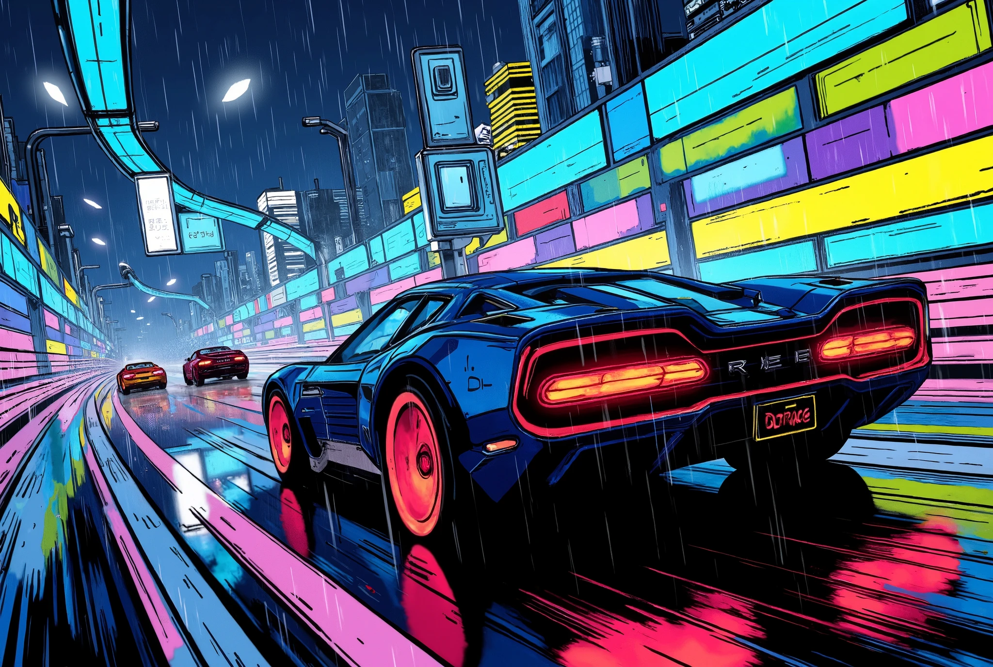 (masterpiece:1.2,top quality, ultra high definition ,very well detailed,best illustrations,Super Detail),8k,16k,wallpaper,(rainのnightのハイウェイレース),(ray tracing),(future:2.0),SF,Cyberpunk,(future的な車:2.0),(dynamic angle),(night),(rain),(lanes drawn with iridescent lights:2.0),(futureの高速道路:2.0),(rainbow color hologram tunnel:2.0),(motion blur),(dynamic angle:2.0),( Animated Artwork :2.0)