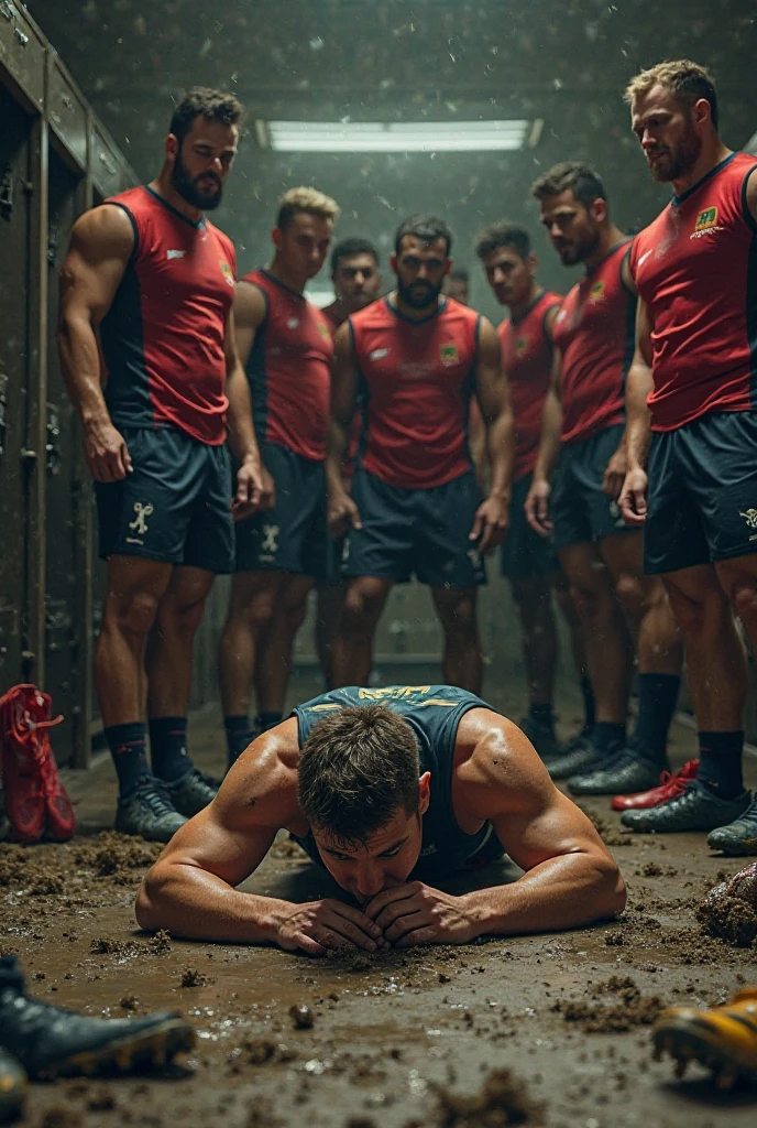 shot of a arafed rugby player , stand with short hair and a muscular, he is shirtless , gigant hairy chest. He is being pushed onto the field by his teammates. The player is shirtless olmost naked , His teammates laufing are surrounding him, removing his clothes and touching his body parts. The background is a rugby field with grass and a white line. The lighting is bright