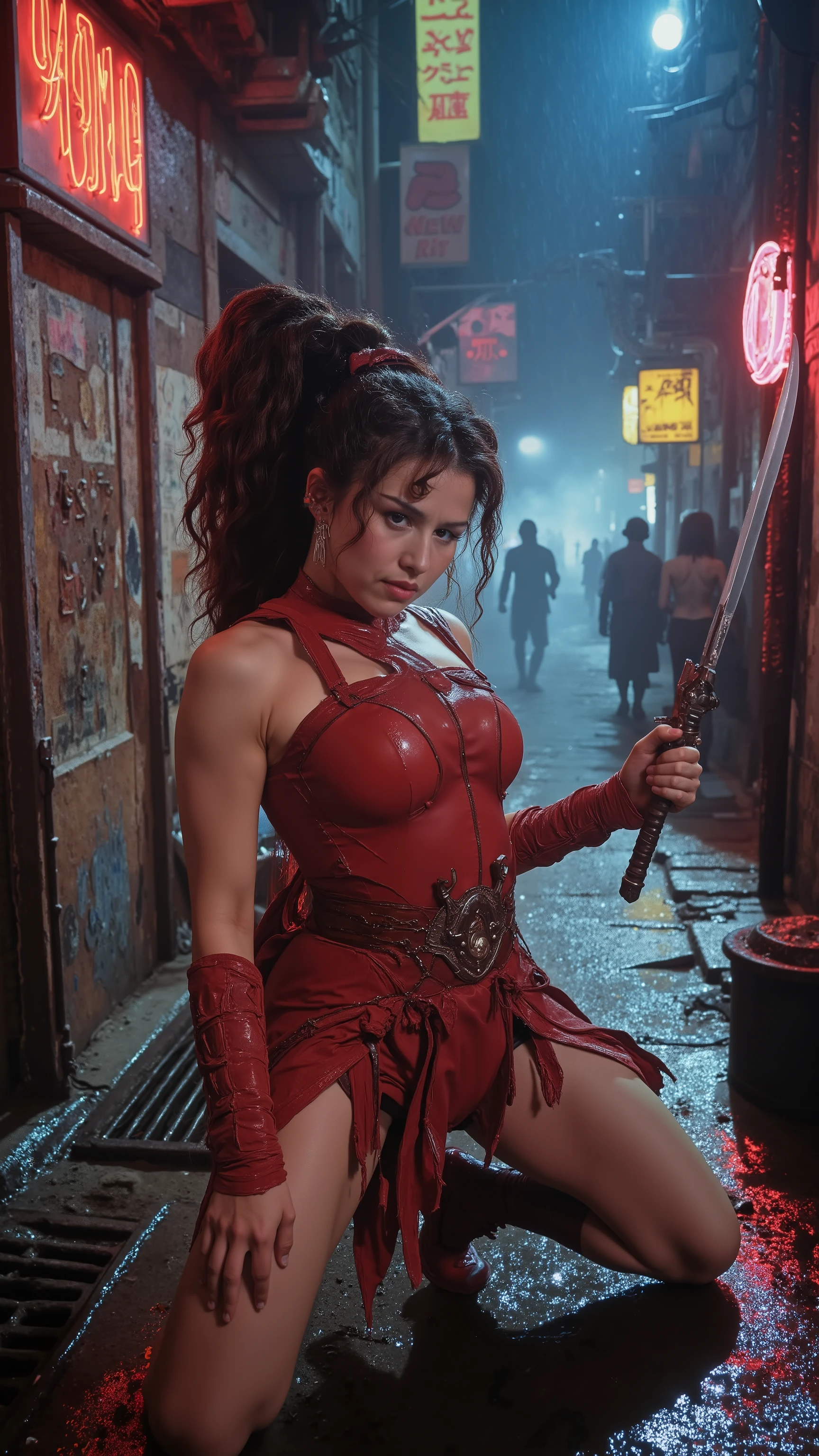 A cinematic close-up scene from an Elektra film, featuring a fierce female assassin portrayed by Pokimane. She wears Elektra’s signature red sleeveless bodysuit, with matching red hand wraps and a flowing red sash tied around her waist. Her long, dark brown hair is styled in a sleek, high ponytail, with a few loose strands framing her face. She holds her iconic twin sai weapons in a defensive stance, exuding both elegance and deadly precision.
She has a sly, mischievous smirk, her eyes sharp and calculating, as if daring her opponent to make the first move. Her battle-ready posture is dynamic, one knee slightly bent, muscles tense, prepared to strike in an instant.
The scene is set in a dark, rain-slicked urban alleyway, illuminated by flickering neon signs and distant streetlights casting elongated shadows. The atmosphere is moody and intense, evoking the feel of a gritty 1980s action thriller. The lighting is dramatic, with deep contrasts—harsh highlights on her face and costume, and rich, inky blacks in the background. The image has a classic 1980s DVD screengrab aesthetic, shot with a cinematic camera in HDR, giving it a nostalgic yet hyper-realistic quality.
In the background, mist rises from sewer grates, and silhouettes of potential enemies lurk in the shadows. The wet pavement reflects the neon lights, adding to the film-noir atmosphere. The walls are covered in faded graffiti and old torn posters, giving the scene an aged, lived-in feel.
Elektra, dark, cinematic, retro-futuristic, ultra-realistic, 1980s film aesthetic.