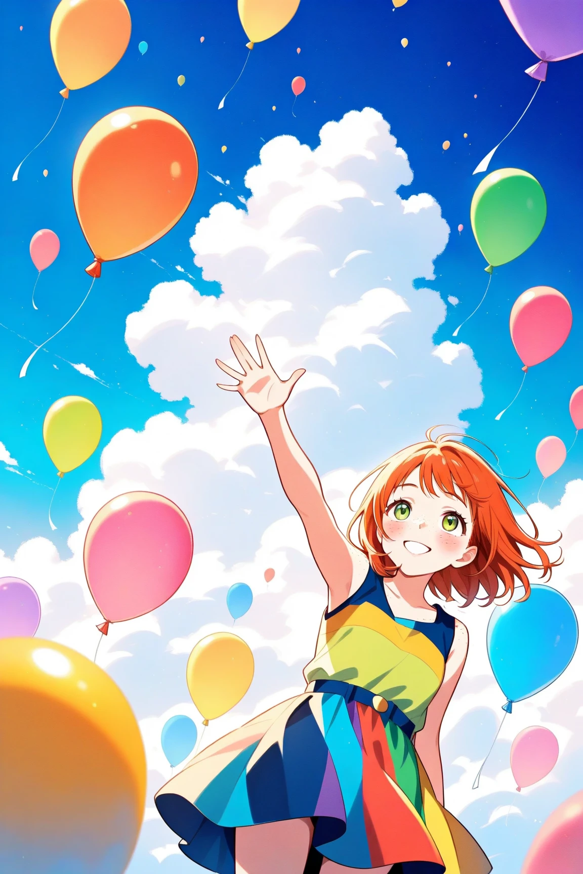 scepter, lots of balloons, gumdrops, balloon canes, rainbow, candy, (a field of balloons), 1 girl, queen of sugar, Orange dress, a Scepter of 星