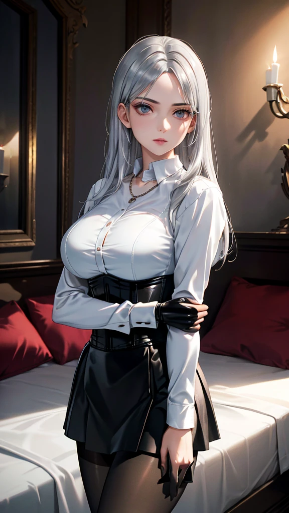 Girl portrait photography, Realistic, High resolution, 1 female, alone, Upper Body, Beautiful Eyes, Close your lips, Detailed face, Gray Hair, Long Hair, Collared shirt, Red tie,Black Skirt, Pencil Skirt,, stockings,(Black lace panties are visible)