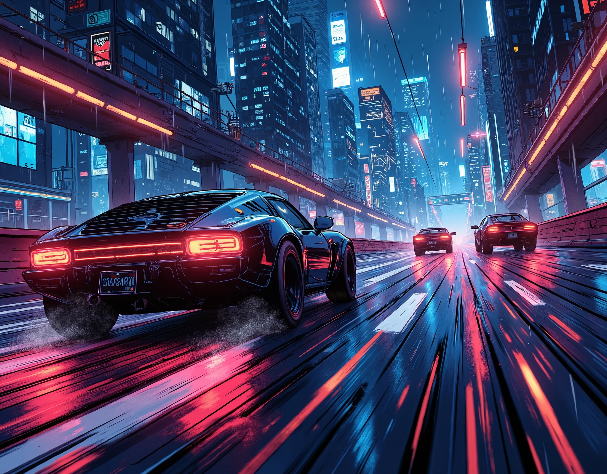 (masterpiece:1.2,top quality, ultra high definition ,very well detailed,best illustrations,Super Detail),8k,16k,wallpaper,(rainのnightのハイウェイレース),(ray tracing),(future:2.0),SF,Cyberpunk,(future的な車:2.0),(dynamic angle),(night),(rain),(lanes drawn with iridescent lights:2.0),(futureの高速道路:2.0),(motion blur),(dynamic angle:2.0),( Animated Artwork :2.0)