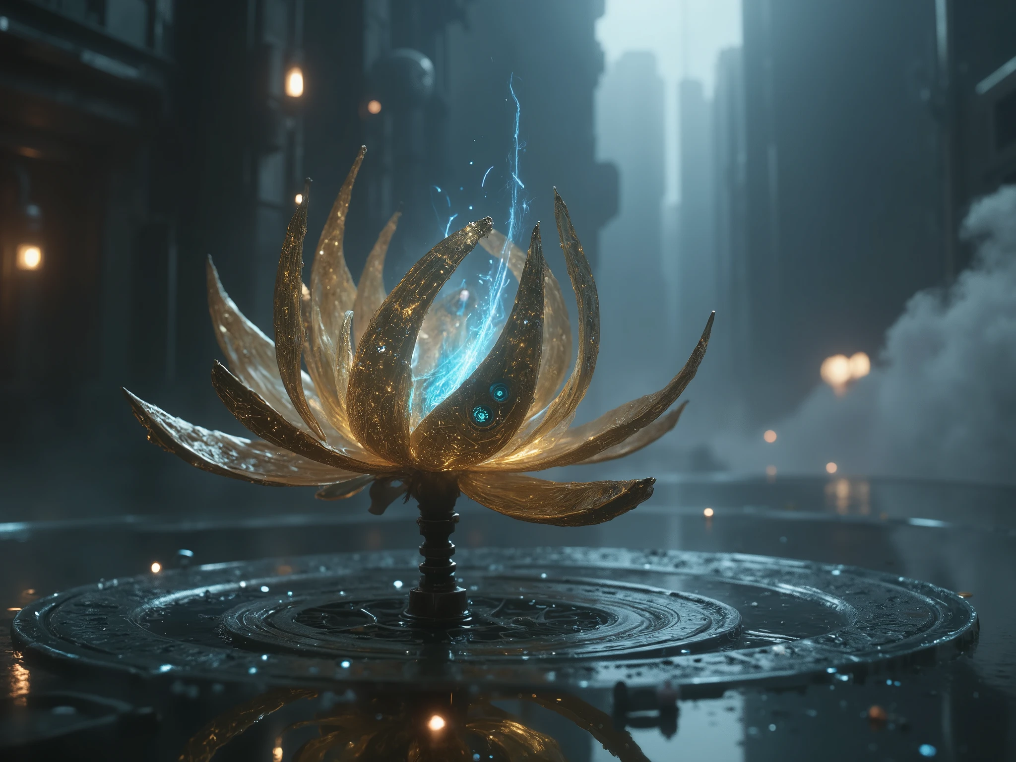 The image shows a steampunk-style lotus bud beginning to bloom. Its metallic petals, made of brass and copper, are slightly open, revealing glowing blue energy lines within. Small gears and pipes are embedded in the design, hinting at a mechanical life force. The flower floats on still water, surrounded by a misty, industrial backdrop with steam and metal structures, blending nature with machinery.