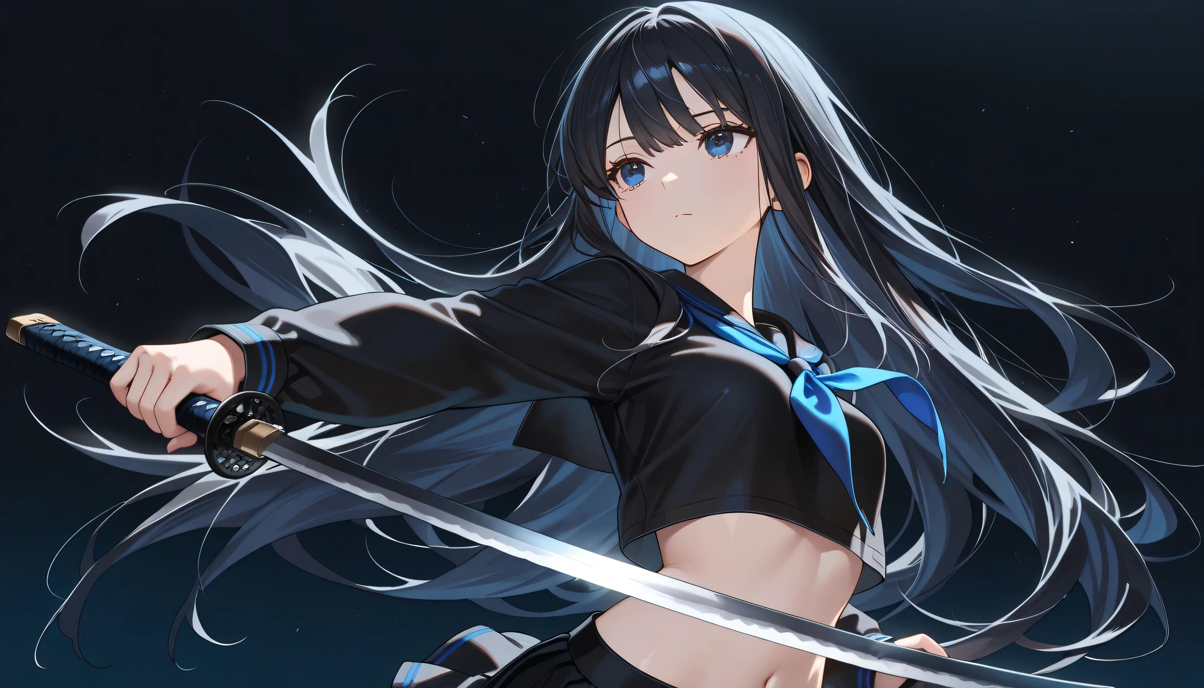 ((masterpiece, best quality, amazing quality, very aesthetic, newest, realism, hyper-detailed, beautiful, cinematic)) 1girl, a bit small breasts, solo, dark blue background, long black hair, Black Croptop Sailor Uniform, Short Skirt, look away, holding a Katana, long hair, bangs, upper body, simple background, dark blue eyes, closed mouth, black hair, shot from head to hips, Fantasy_eyes,
