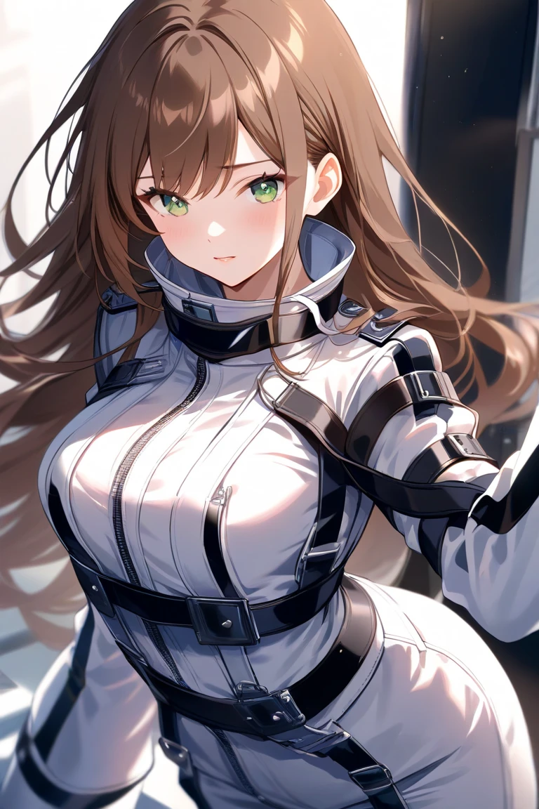 (disorganized, High resolution, super detailed), 1 female, beautiful, light blue eyes, brown hair, straight long hair,Bundled at the back,black suit,adult woman,25 years old,Quiet,Slender,pale,Are thin,Look sick,Calm,hangar