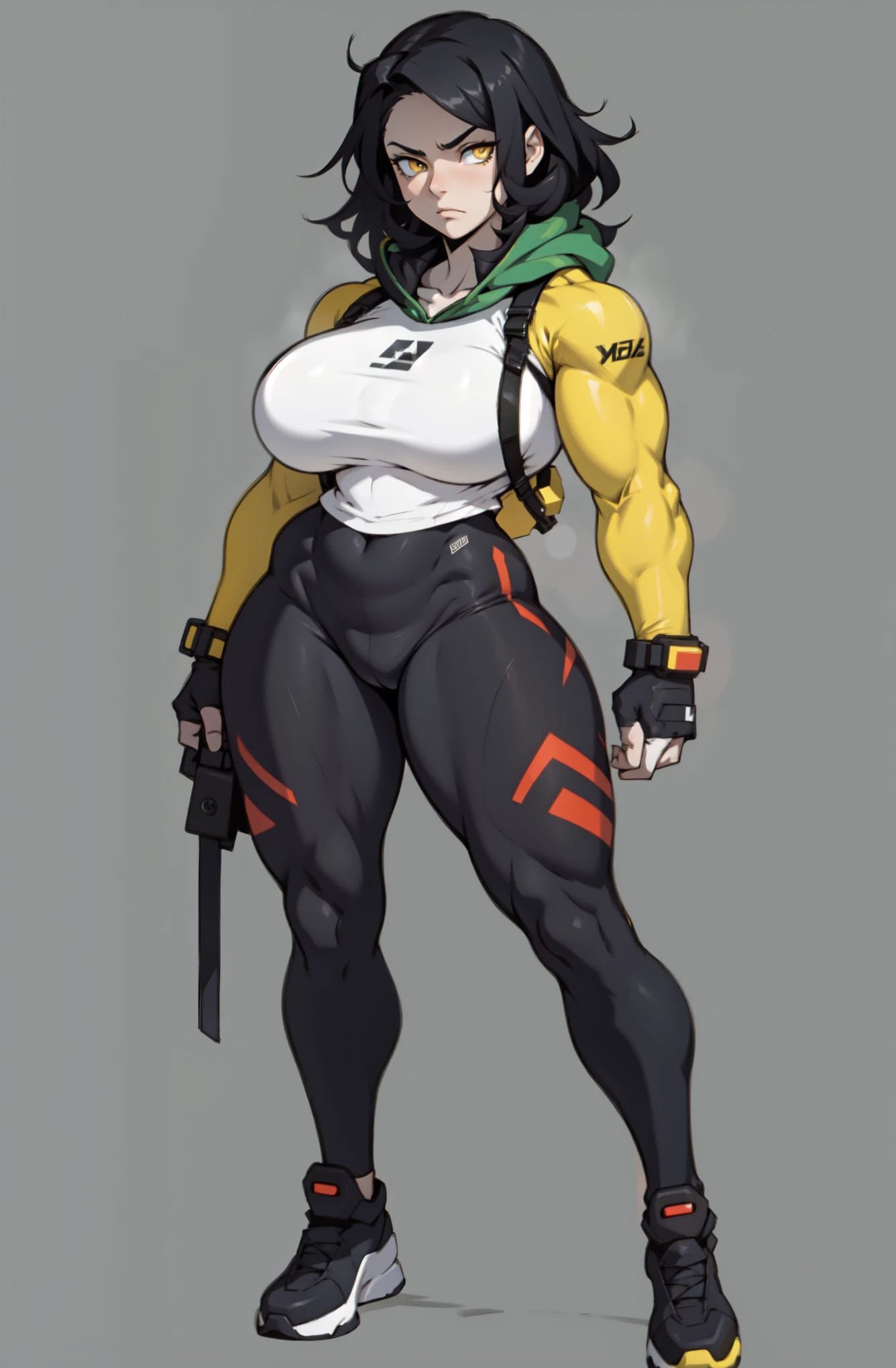 solo standing skintight ((muscular girl perfect anatomy)) toned body massive yellow eyes black hair pale skin