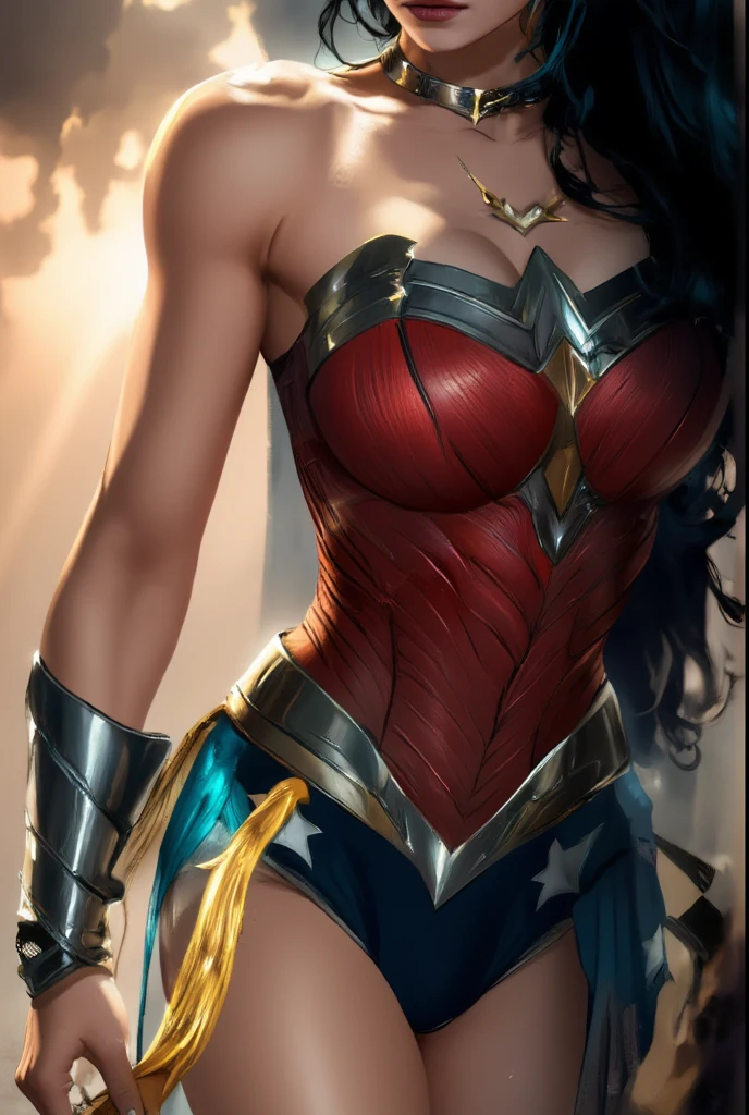 From behind, Wonder Woman stands tall with her feet shoulder-width apart. Her hands rest confidently on her hips, and her long, dark hair cascades down her back, reaching just above her waist. Her red, white, and blue costume is visible, with the golden lasso clipped to her side.