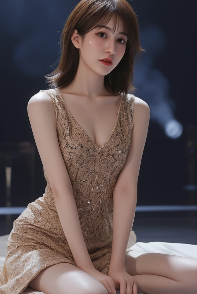 (1girl, solo:2.0), (beautiful cute Chinese, cute JAV idol), (anatomically correct:1.9), (full body, sitting:1.9), (no bra, braless:2.0), (slender abs:1.5), (detailed realistic skin:1.3), (detailed realistic caramel hair:1.7), (beautiful realistic hairstyle:1.3), (beautiful detailed realistic face:1.9), (realistic eyes:1.5), (extremely detailed realistic eyes:1.5), (perfect eyes:1.5), (extremely detailed realistic pupils:1.5), (extremely detailed realistic eyelashes:1.3), (detailed beautiful realistic little lips:1.5), (closed mouth:1.5), (realistic medium breasts:1.9), (masterpiece:1.2), (best quality:1.2), (realistic:1.5), photography, Nikon, 85mm, 8k, sharp focus, high resolution, ultra-detailed,