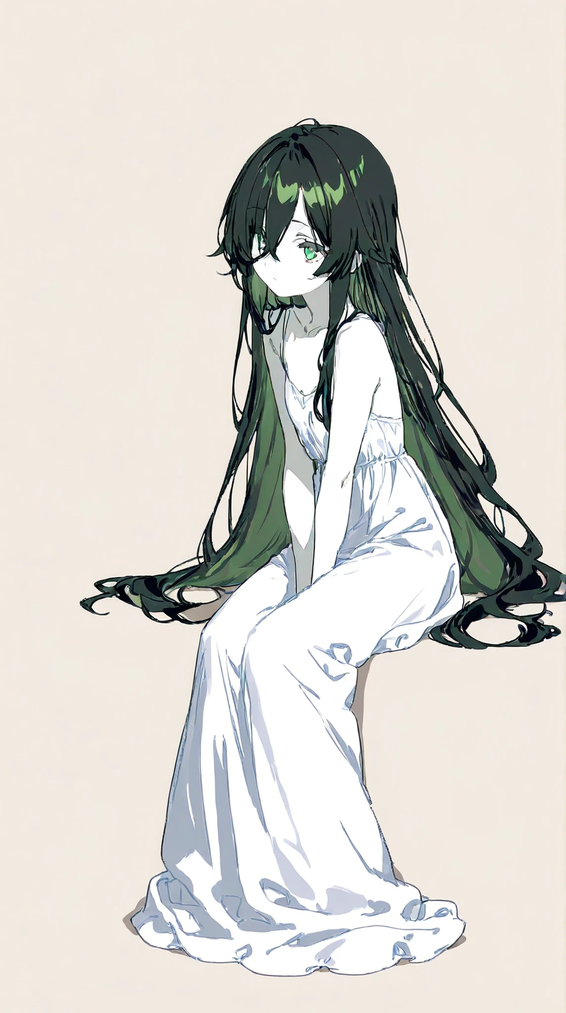masterpiece、perfect face、Ultra High Quality、top quality、Bearish、Timid、 kind、ephemeral、 is quiet、 clear、sick woman 、delicate、very long hair、leggy hair、anime style、((black hair:1.5))、((green eyes:1.5))、bungs、pure white skin、Original Character、intricate design、Unique Design、droopy eyes、Long Lashes、full bodyの描画、request、Possible Adoption、full body、 albino、background、((白いbackground:1.5))、full body、pure white skin、my complexion is bad、background無地、backgroundなし、characters only。