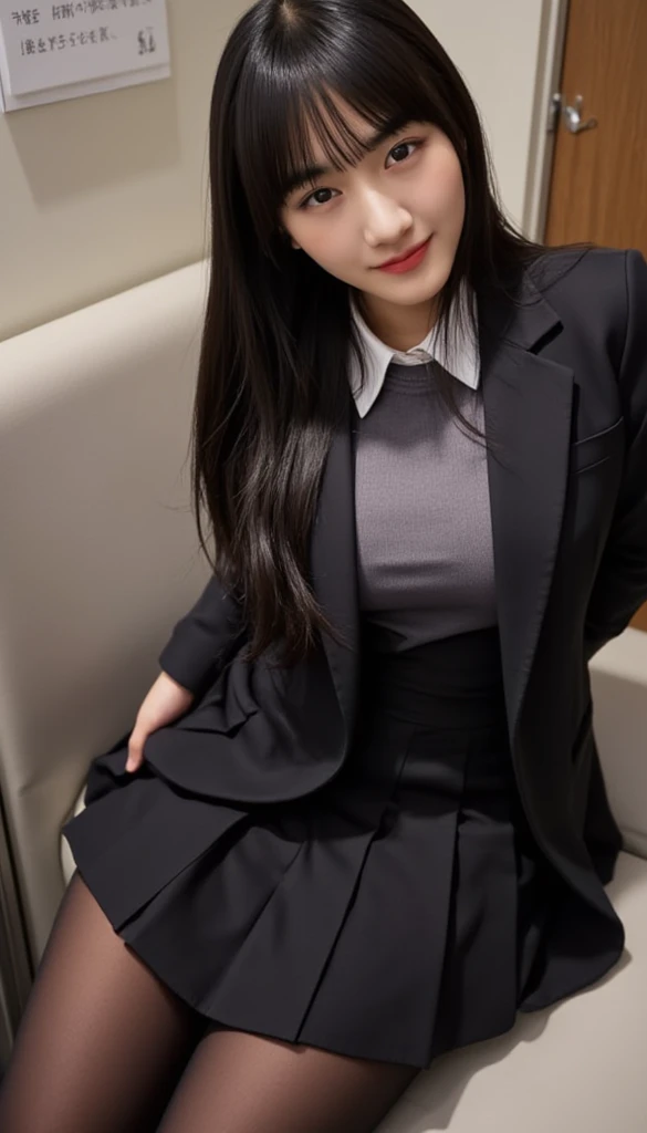 Top quality, high image, 1 woman, 18 years old, school stairs, black jacket, Medium breasts,white blouse,plaid miniskirt, white panties, panty shot, from the below