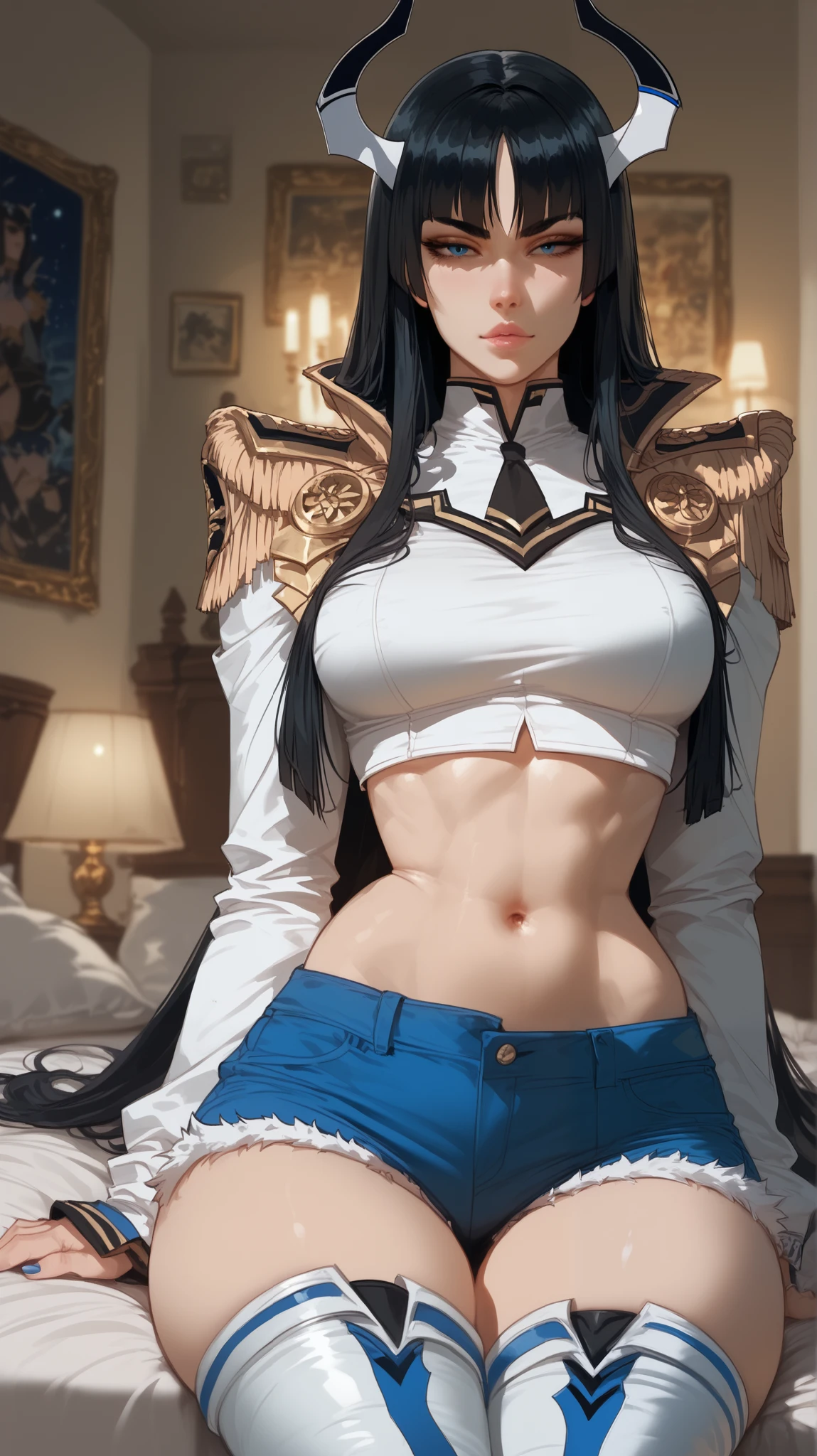 Girl, black hair, wearing a white turban, big breasts, exposed stomach, short pants,