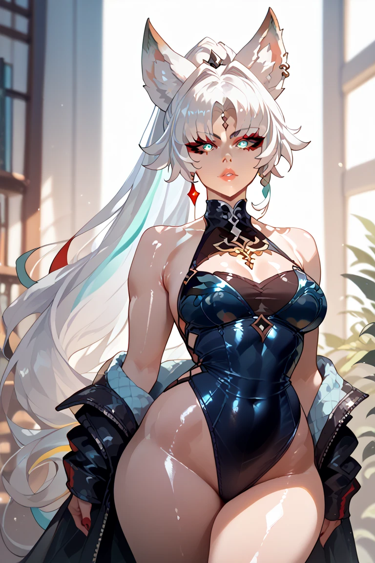 Young girl, long white hair, yellow eyes, cat ears, inner chest, tattoo, smile, combat robe, water, masterpiece, high quality, standing back