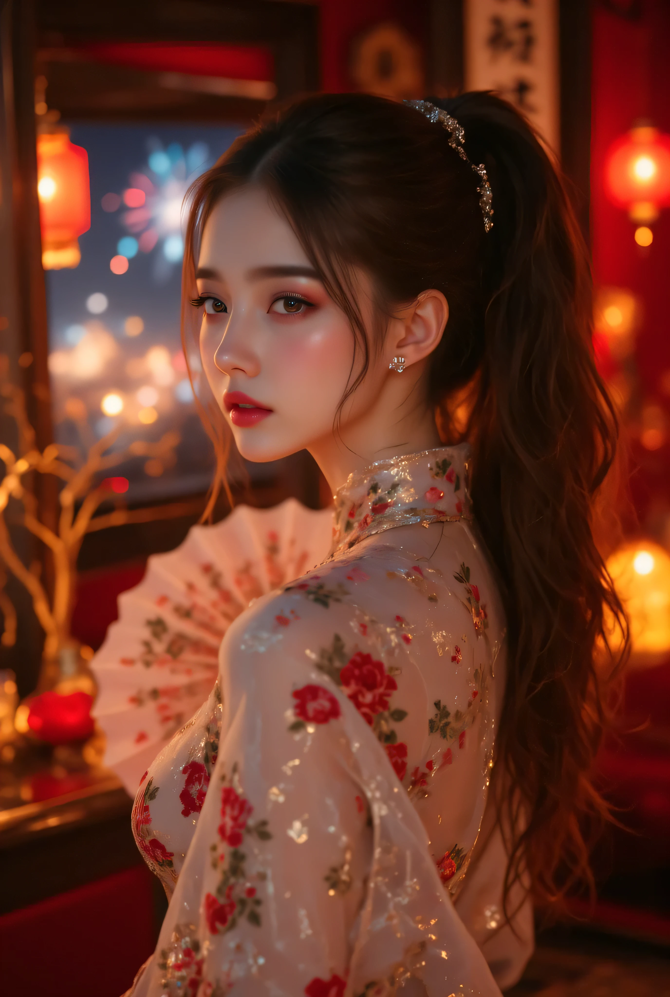 Cat ears、 fßace up, attractive, pretty girl, ponytail、 (( fine facial features , eroticism)), dramatic lighting , realistic , 8k, Dramatic Shadows , intricate and elaborate patterns , super detailed photo , chiaroscuro lighting , Pleasant colors , deep contrast , super real 、 pink lipstick、 pretty earrings, pretty necklace, pretty hairpin, warm room、Vintage Fireplace 、 cinematic composition、Close-up of face, shining jewelry, pretty half part transparent open shoulder loose outfits dress, tang style, A beautiful Korean idol wearing a short colourful tightly cheongsam with phoenix and intricate floral golden embroidery, golden and silver outline on dress, hand with pink feathers paper fan and paper fan have golden ink drawing on it, standing gracefully in a room filled with traditional Chinese New Year decorations. The room features vibrant red lanterns, decorative calligraphy scrolls, a small Chinese orange tree with golden ornaments, and several red envelopes scattered across the floor and hanging from the tree. Adorable, playful cats are part of the scene—some sitting near the tree, others curiously pawing at the red envelopes or lounging around. Through a window or an open door in the background, vibrant Chinese fireworks light up the night sky in an array of reds, golds, and blues, casting a magical glow into the room. The idol’s outfit is paired with subtle accessories like red hairpins or earrings, complementing the festive look. The atmosphere is warm and lively, filled with the joyful essence of the celebration, enhanced by the shimmering lights of the fireworks and the lively decor.