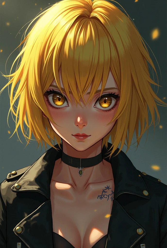 (8k), realistic anime, absurdres, 1girl, upper body, yellow eyes, cat ears, short hair, blonde hair, (light brown skin:1.2), dark blue shirt, short black leather jacket, (high quality:1.2), (high detail:1.2), (masterpiece:1.2), (extremely detailed:1.2) <lora:add_detail:0.6>