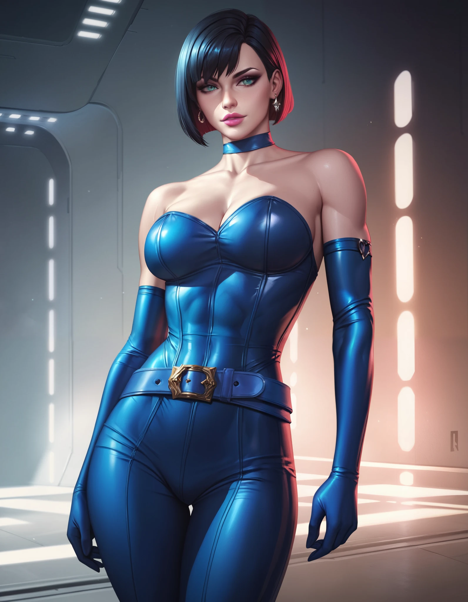 ((masterpiece)),(((best quality))),((character design sheet)), ((full body view)) illustration,1girl, muscular, ((black bodysuit:1.6)), superhero, (short curly red hair:1.4), (blue cape:1.4) ((detailed face:1.4)) beautiful woman, (short curly hair:1.6) (small head:1.2)(flat breasts:1.3)(blue thighhighs:1.3)shiny skin, (blue logo on chest:1.4),scribbles and marks, (puffy lips:1.5), (full lips:1.4) (wide hips:1.3), big lips, detailed lips, (red gloves:1.2) rough sketches, pose, 8k,16k, (simple background, white background: 1.3)
