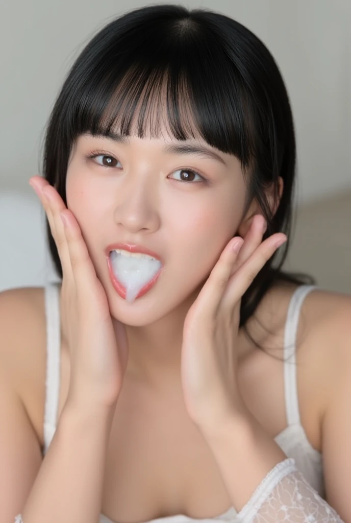 1 girl, (sticking out her tongue out), (tongue), ultra high resolution, realistic, highest quality, 8K resolution, masterpiece, Cat ear, ((choker, Completely naked,blowjob), ((close up of face)), (Ahegao), kneel down, oh face, please open your mouth wide, Stick out your tongue to receive, put one hand over your mouth, ecstasy, (white liquid on your face), look up, shoot from above, (white liquid dripping from the mouth), tongueが出ている, ( accumulation on the tongue), ecstatic expression, large amount of  in the mouth,  cum on chest, delicate fingertips, complicated fingertips, NSFW, eyes roll back, look up, zero two