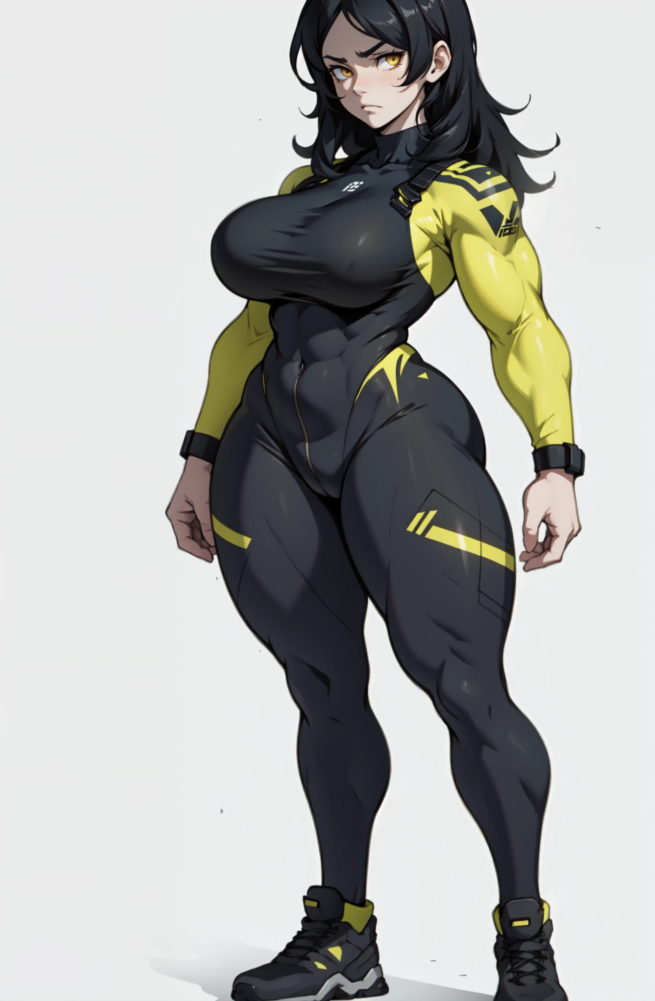 1 girl pale skin black hair yellow eyes long hair angry muscular toned body bodybuilder curvy wide hips thick thighs (full body) solo solo solo solo
