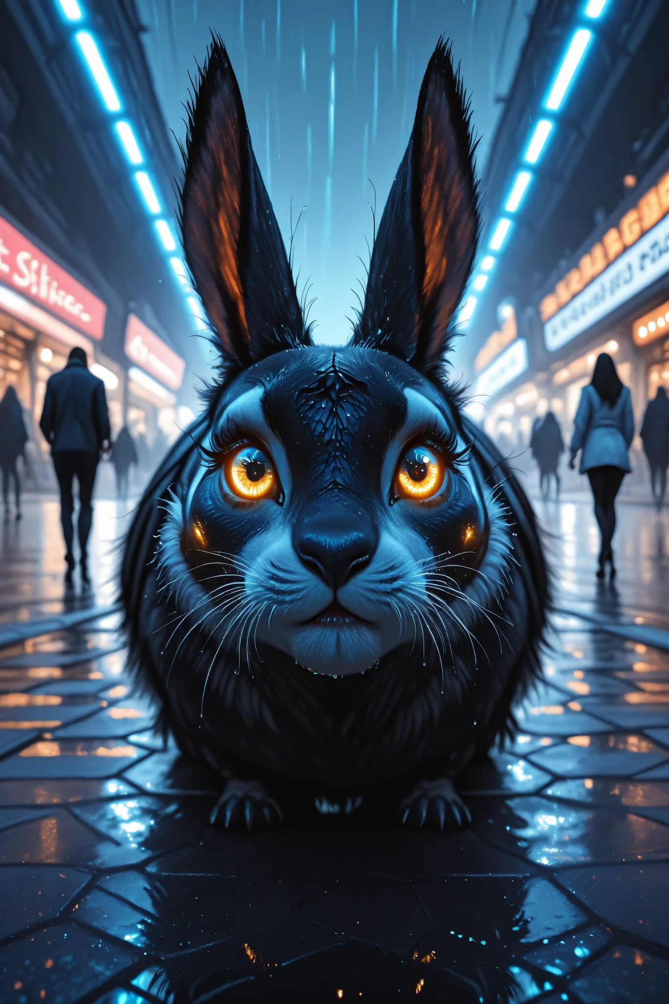A photorealistic, cinematic image of an intense night race on a rain-slicked highway. In a surreal twist, a sleek, futuristic tortoise blazes past a stunned hare, leaving a glowing neon trail in its wake. The tortoise's shell is streamlined, reflecting the flashing city lights, while its determined eyes lock onto the road ahead. The hare, mid-stride, is caught in slow motion, ears blown back by the shockwave of speed, its expression frozen in disbelief. Rain falls in streaks, illuminated by streetlights, while reflections shimmer on the wet pavement. In the background, a neon-lit cityscape looms, adding to the electric, adrenaline-charged atmosphere of this impossible race.