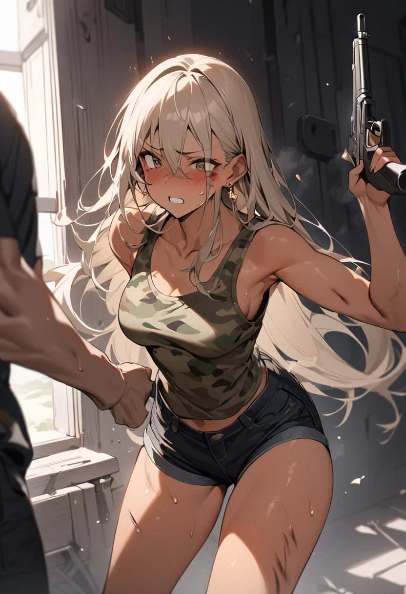 masterpiece, best quality,anime style, 1 girl,(((slender body))), (((small breast))),(((hot pants, white tanktop,red tie))),(((((a gorilla man grabbing the girl))))), ((((restrained, arms behind back)))),((((cum)))), (beautiful face), (((long hair))), (((straight hair))), ((((silver hair)))),detailed beautiful skin, (perfect hands, perfect anatomy)