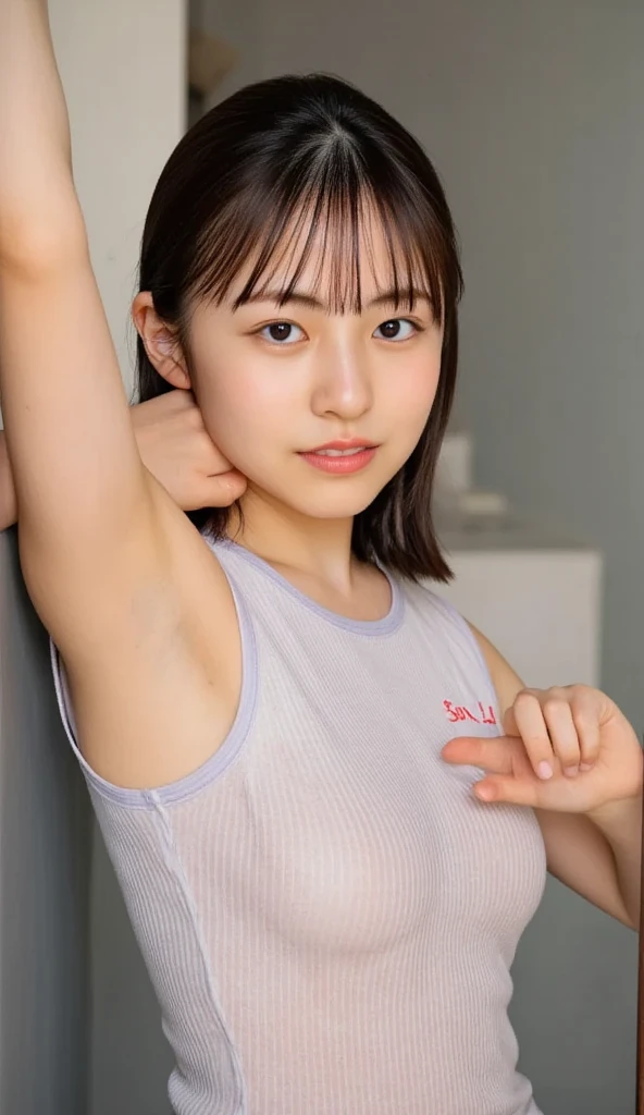 (best quality:1.2), masterpiece, Realistic, Ultra-high resolution, ((a beautiful Japanese idol  woman:1.2)), (Gaunt:1.3), (((Very flat chest:1.4))), ((Baby Face)),body)), (nup, cheerleader:1.2), (show me your armpit:1.2), (sweaty armpit:1.3), ((Armpits are wet and shiny with sweat)), She has skin that sweats easily Soaking wet, Sweaty, I can see my pores solo, smile, standing, looking at viewer,