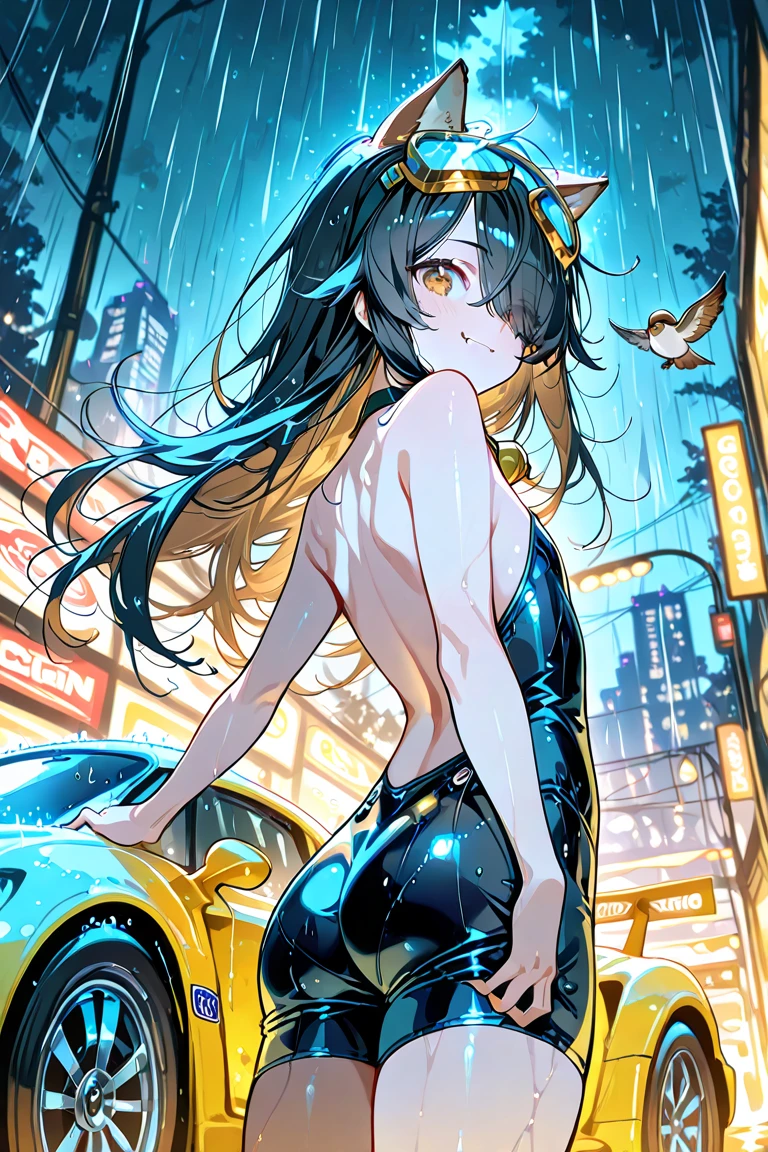 ((Top View: 1.3, cyber punk: 1.2, street: 1.1), 2D Game Style, pixelart style, Transparency, Strong colors, Advertising Light, Roads and cars are active, Unique charm! ) ((Toddler girl))　((5 ))((naked))　((nsfw))Long Hair((See-through clothing))