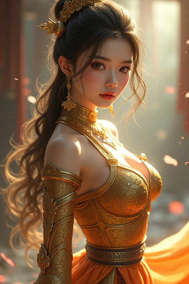 1 female goddess, dragon horns, golden dragon slit eyes, ultra high quality, ultra high resolution, big breasts, slender yet curvaceous body, pointed ears, kind yet cruel smile, golden chain with a ruby dagger pendant, wearing red robes with intricate gold designs big eyes, perfect body, golden pagoda background, old chinese martial background, long spear of pure black colour and embedded gold patterns.