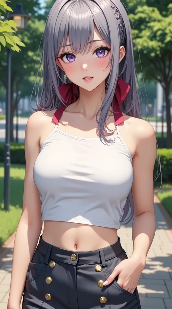 a 20 age chubby girl, your face has strong pink makeup, wearing a pleassed skirt, sleeveless top, darkgolden eyes, beautiful detailed eyes, sensual pose, suggestive pose, evil smile, very long hair, black hair, long black ponytail hair, light and transparent veil filling with charm and seduction, stunning beautiful artwork, maximalist, by artgerm, 8k anime artwork, 8k photo, trending on artstation. looking at the viewer, masterpiece, best quality