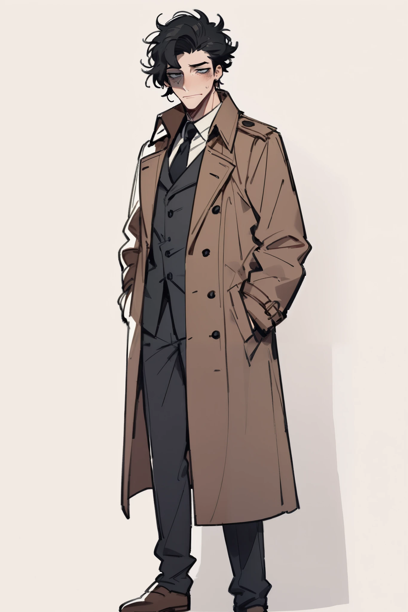 simple background,high definition, solo,  natural perm,  male,Age 30,criminal,leftover shave,is tall,wise, black hair, kind face,sagitales,is tall,trench coat,I'm looking at me with a horizontal,eye showing the whole body