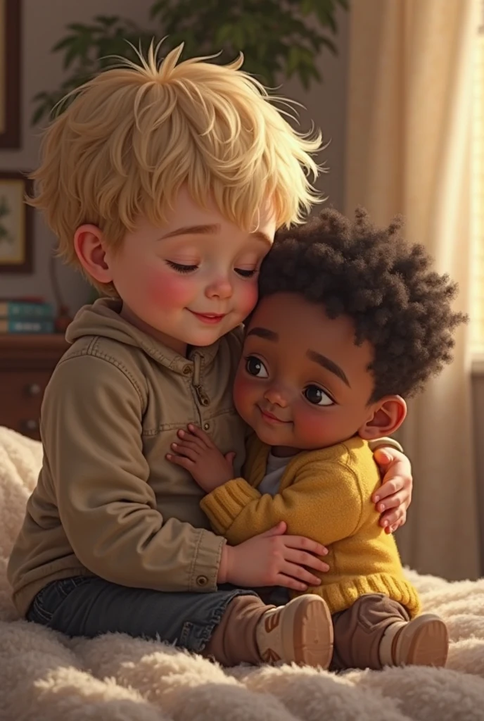 k skined boy hugging a light skinned boy in anime