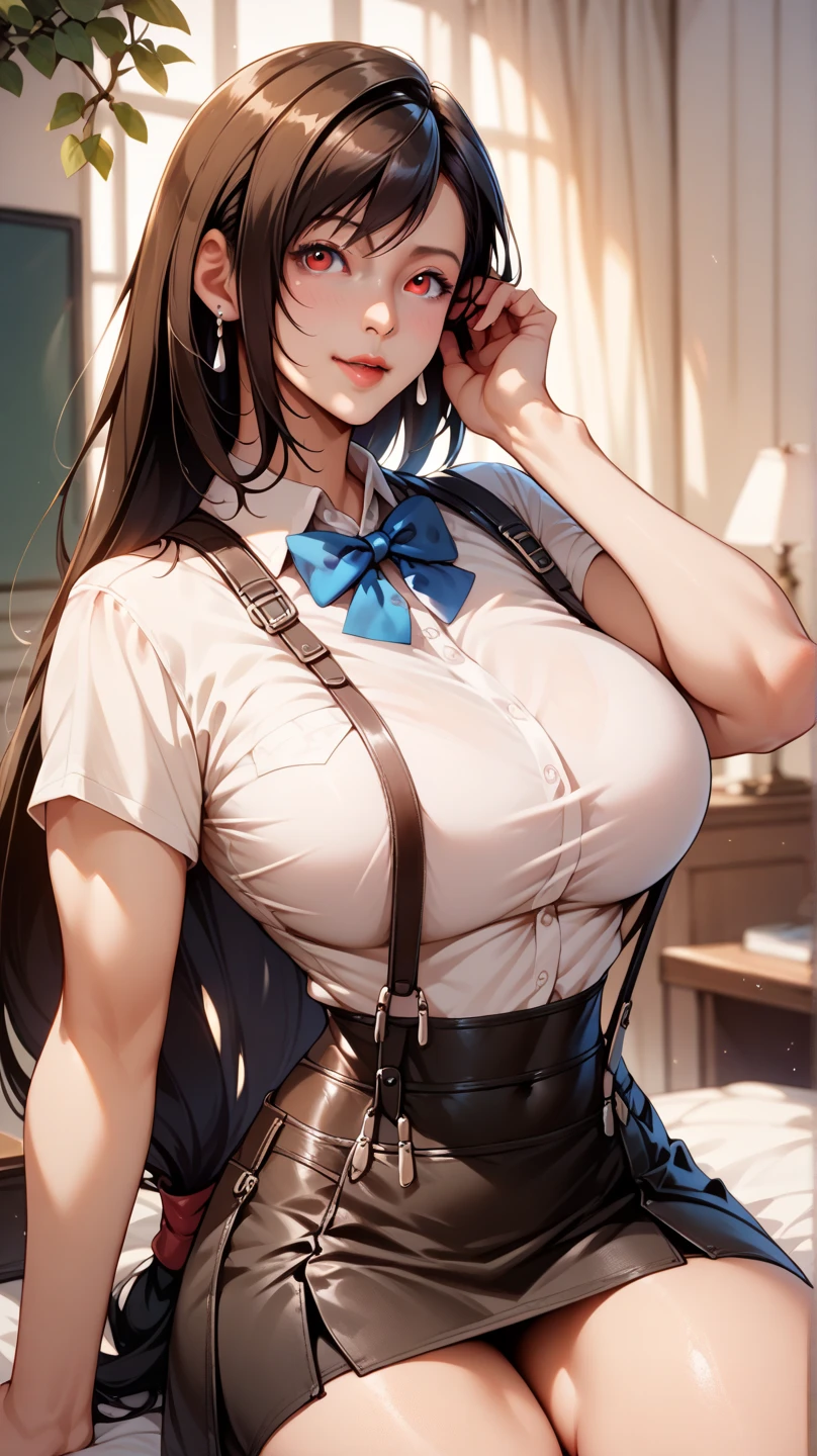 shiroganenaoto,1girl,solo,hat,black pants,blue shirt,yellow tie,suspenders,large breasts,heavy blush,grey eyes
