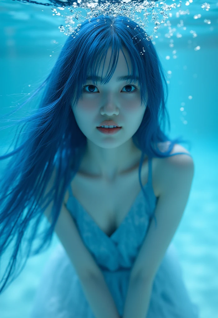 Very cute 22 years old,Big TitsFull Body,long hair,(Blue-purple hair 1.4),(Shiny micro bikini),Height: 178cm,(topless:1.5),(Women talking about love:1.2),(Underwater Photography)