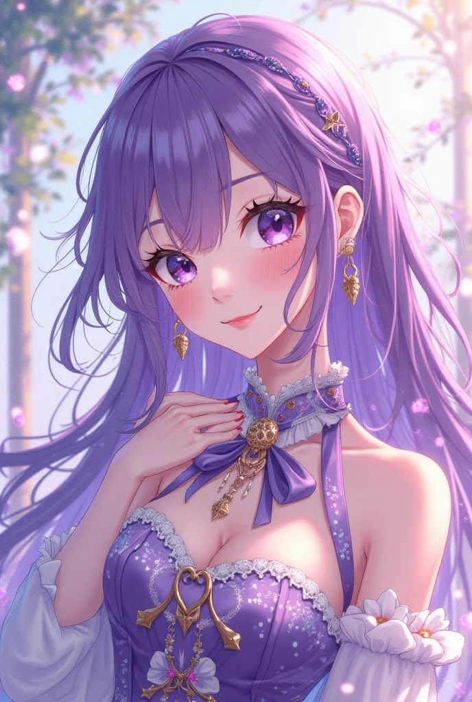 a close up of anime lady with large breasts in purple dress and white fur headpiece standing in sunlight, 1girl, breasts, raiden shogun, jewelry, solo, dress, earrings, hair ornament, purple eyes, flower, parted lips, purple hair, looking at viewer, necklace, hair flower, purple flower, bangs, cleavage, bare shoulders, large breasts, alternate costume, backlighting, upper body, purple dress , (best quality, masterpiece, ultra-detailed, illustration:1.2),(8K wallpaper),(beautiful detailed eyes:1.2), beautiful, amazing, detailed eyes, (detailed skin)