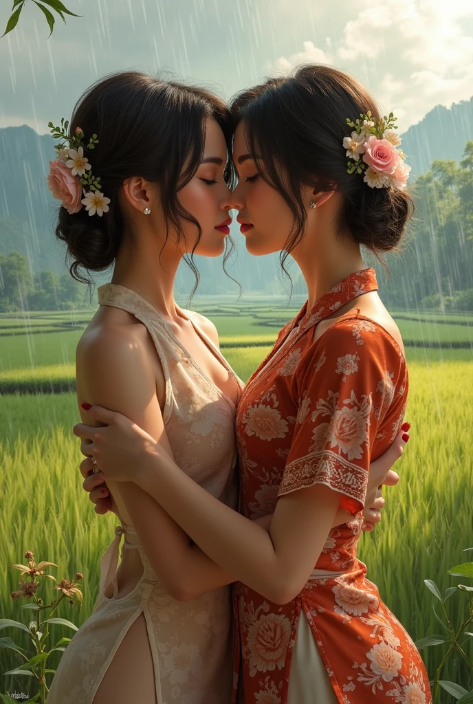 standing, wide angle shot, earring, chinese dress, boob window, high detail, realistic, beautiful background, 2 girls, umbrella, medium breast, earphones, kissing, against the glass, perfect face, face to face, wet, city streets, raining, perfect face, bracelets