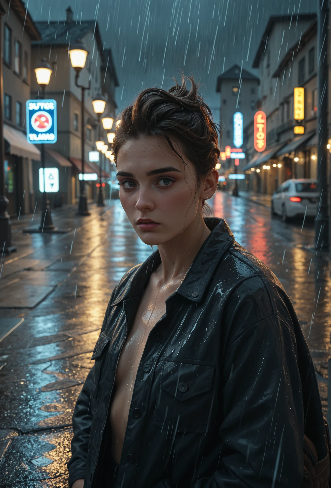 ((32K, top-quality:1.5, masterpiece, 超A high resolution, Photorealsitic)), 1man,(big bulge):1.3, in, 26 year old, gray hair, brown hair, Spanish, British, street corner, Summer evening, (((Typhoon torrential rain))), Highly detailed facial and skin texture:1.2, ((looking at viewer, Slender getting wet in the rain:1.4)), (Rain drips all over the body:1.2, wetting hair, Wet clothes:1.1, water drop on the skin), ((Light purple wet office uniform:1.4, )), ((facial hair)), (troubled look:1.2), , Wet pink silky underwear, , blurry backround, (( detailed face)), full body only,((2heads)), handsome